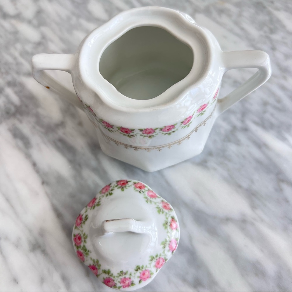 Vintage Sugar Bowl with Pink Rose Garland - Picture 2 of 6